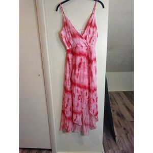 Area Stars Pink Red Tie Dye High Low Maxi Dress Womens Small Wrap V-Neck Chiffon